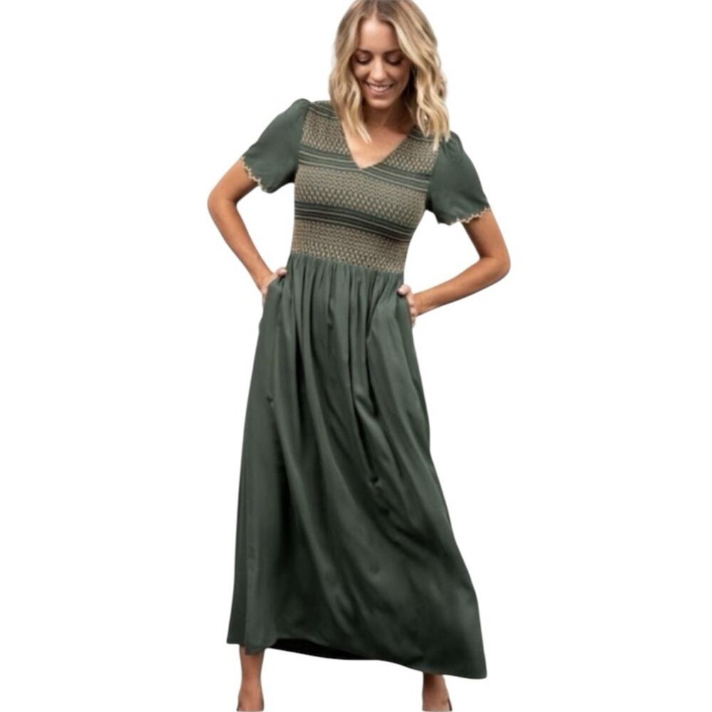 Baltic Born Smocked Elegant Green Maxi Dress size XS with pockets